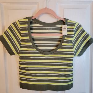 Offline By Aerie Green and White Striped Cropped Tee